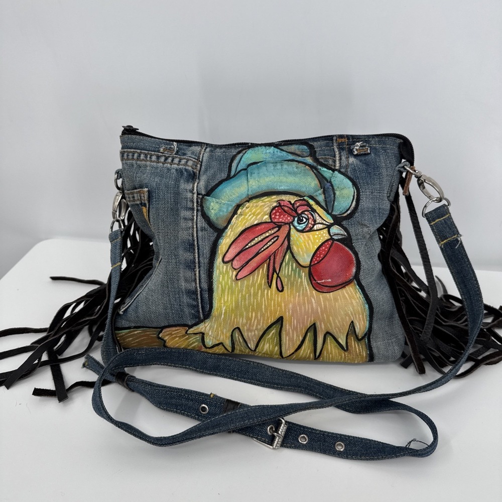 Handmade Repurposed Denim Rooster Fringe Country Festival Bag Cowgirl Colorful